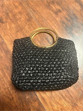 Vintage Morris Moskowitz Black Woven Raffia Tote w Gold Ring Handles 1960s RARE